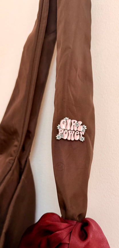 Her Era Enamel Pin, Girl Power in pink retro bubble letters with white daisies