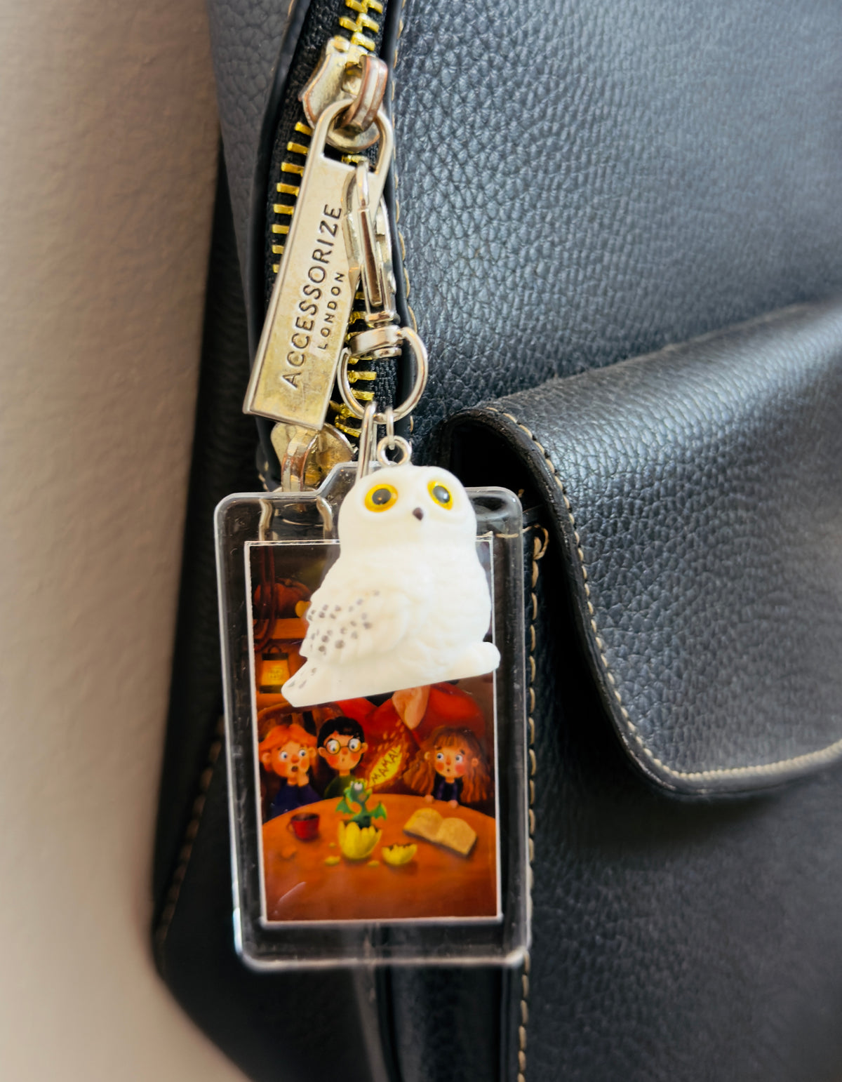 Hedwig & Norbert Bag Charm, snowy owl and baby dragon charm on an acrylic panel