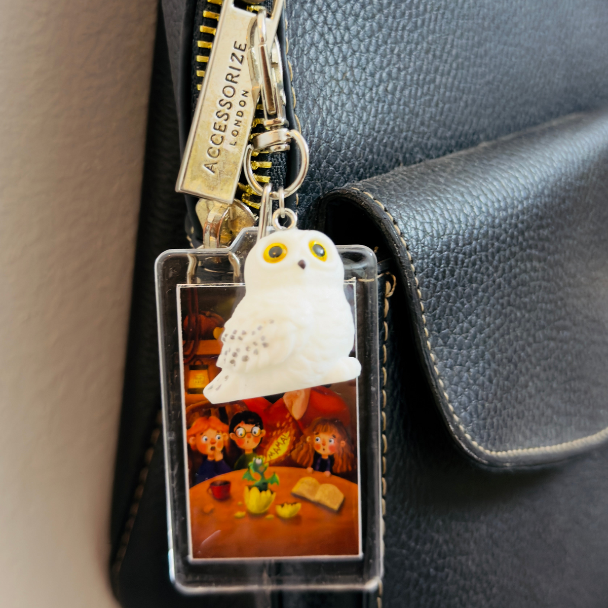 Hedwig & Norbert Bag Charm, snowy owl and baby dragon charm on an acrylic panel