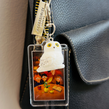 Hedwig & Norbert Bag Charm, snowy owl and baby dragon charm on an acrylic panel