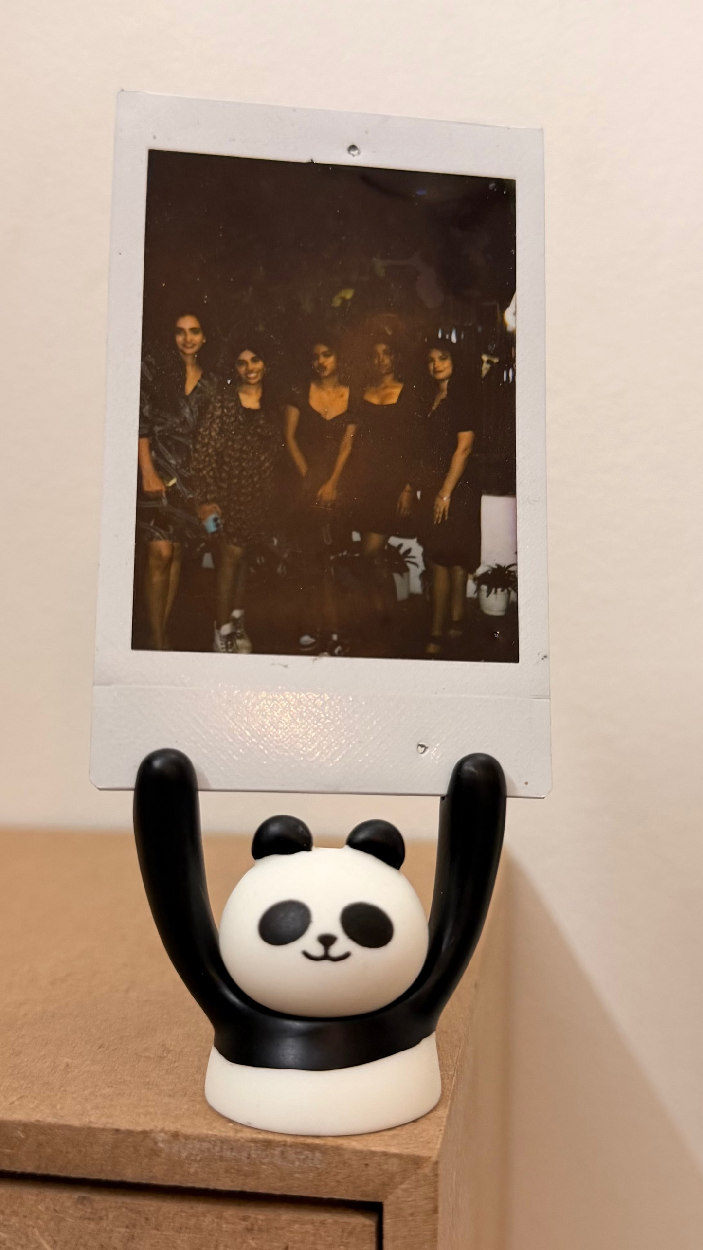 Panda Photo Holder, black and white panda holding a polaroid up in its raised arms