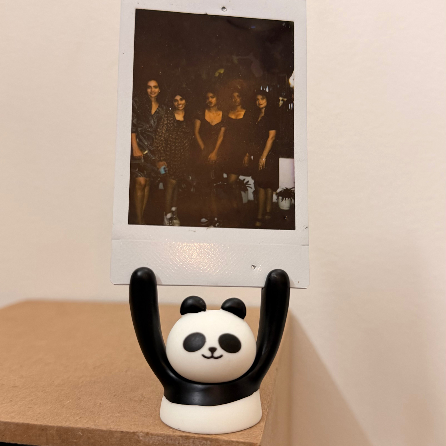 Panda Photo Holder, black and white panda holding a polaroid up in its raised arms