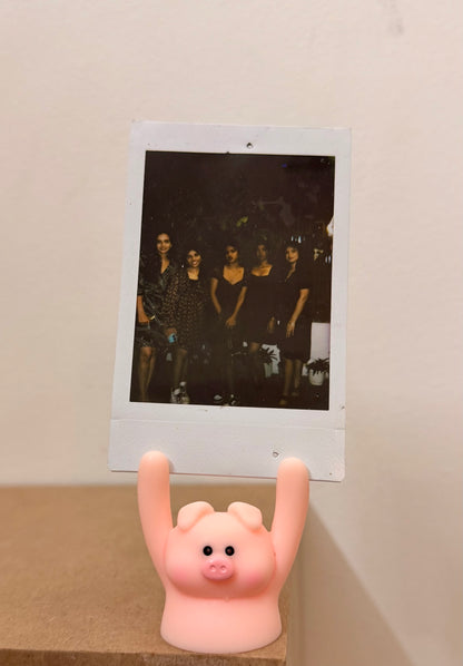 Pig Photo Holder, pink pig holding a polaroid up in its raised arms