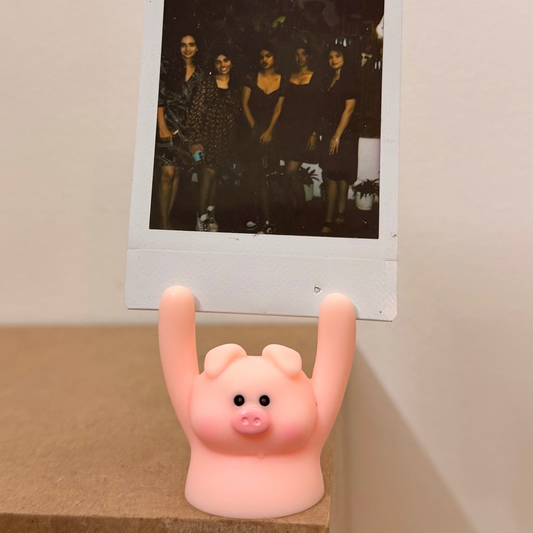 Pig Photo Holder, pink pig holding a polaroid up in its raised arms