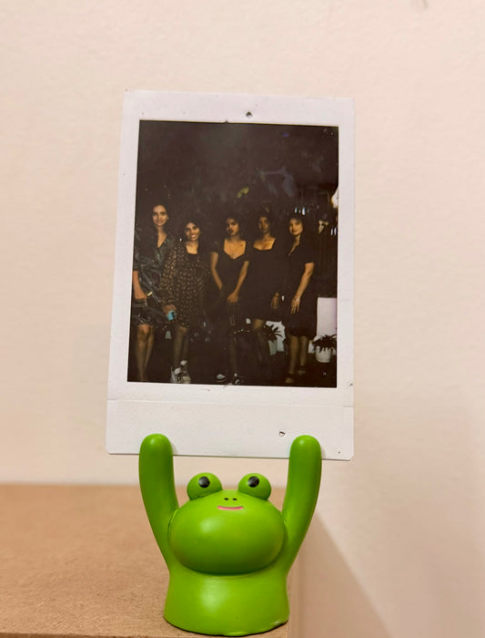 Frog Photo Holder, green frog holding a polaroid up in its raised arms