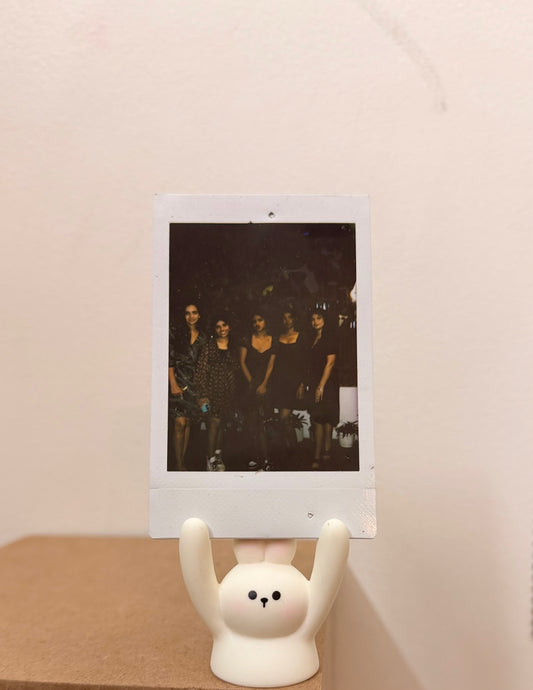 White Rabbit Photo Holder, white bunny holding a polaroid up in its raised arms