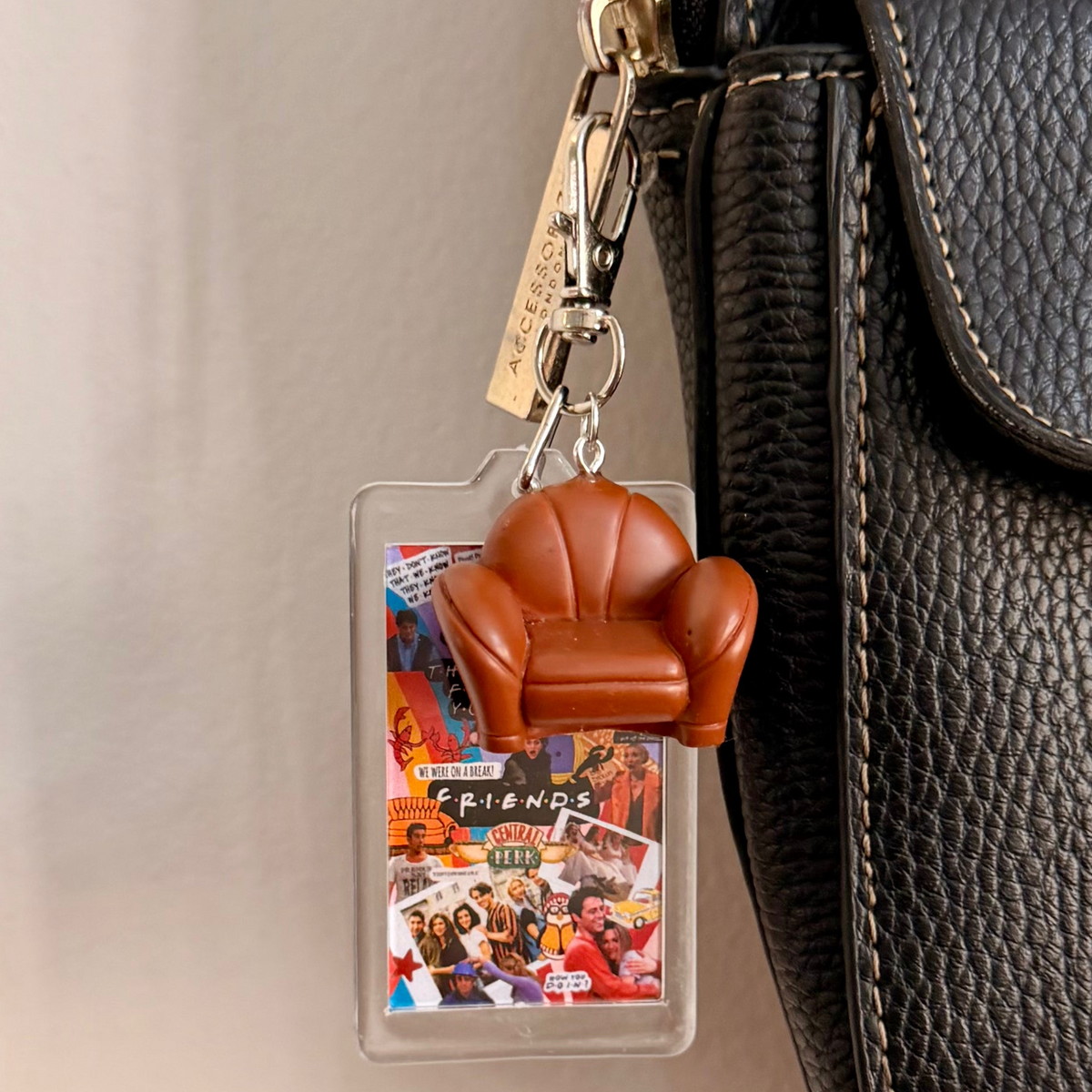 I'll be there for you.., a clear acrylic sitcom collage card with a brown armchair charm.