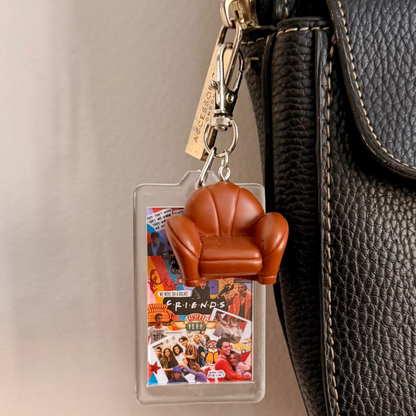 I'll be there for you.., a clear acrylic sitcom collage card with a brown armchair charm.