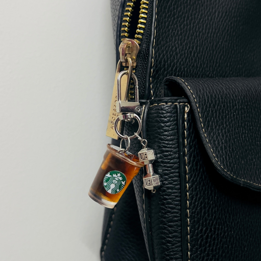 Iced Americano coffee cup bag charm with a silver dumbbell charm