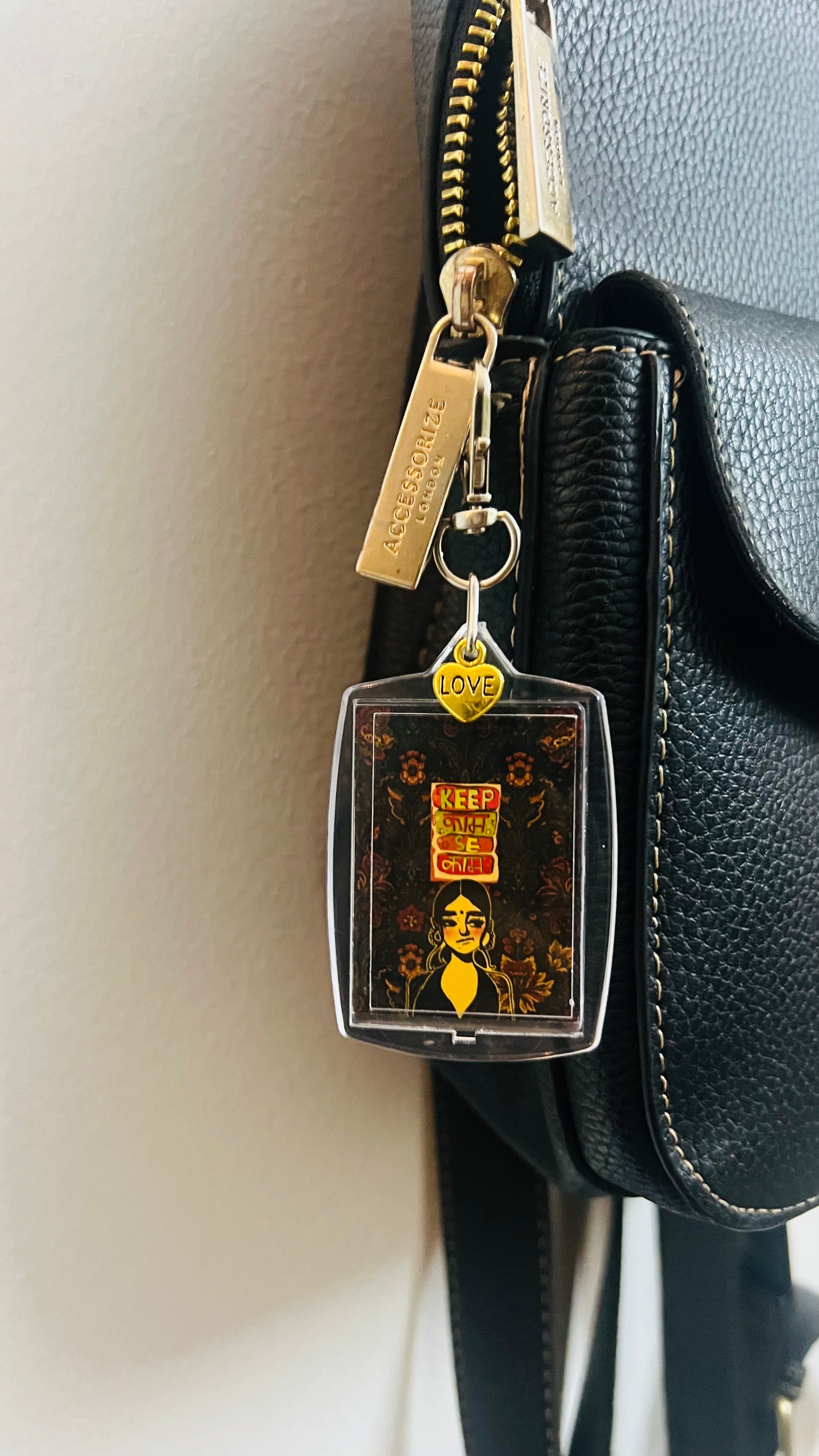 Keep Kaam Se Kaam Bag Charm, desi art panel bag charm with Hinglish typography
