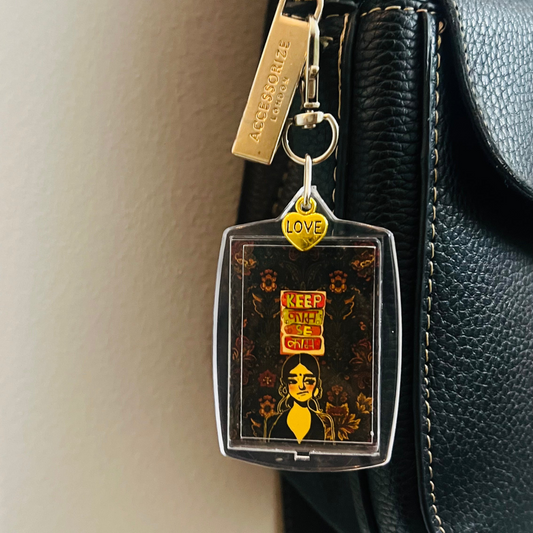 Keep Kaam Se Kaam Bag Charm, desi art panel bag charm with Hinglish typography