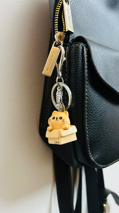 Kitty in the Box Keychain, cute cat in a cardboard box keychain