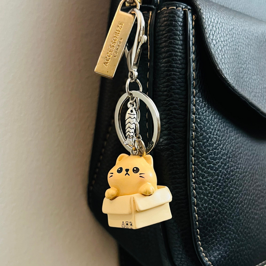 Kitty in the Box Keychain, cute cat in a cardboard box keychain