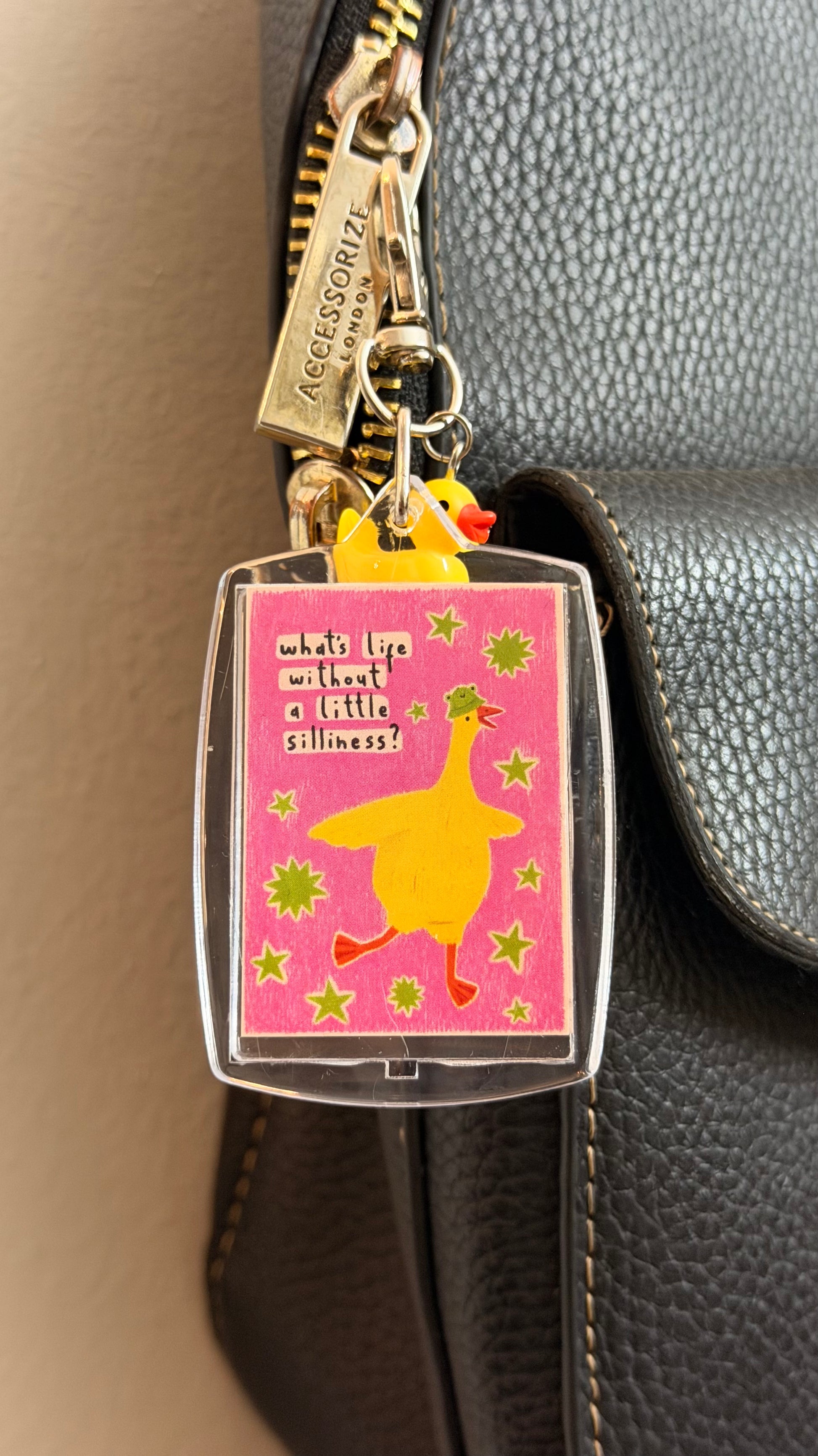 Lil Silly Duck Bag Charm, playful duck art panel with a mini rubber duck charm