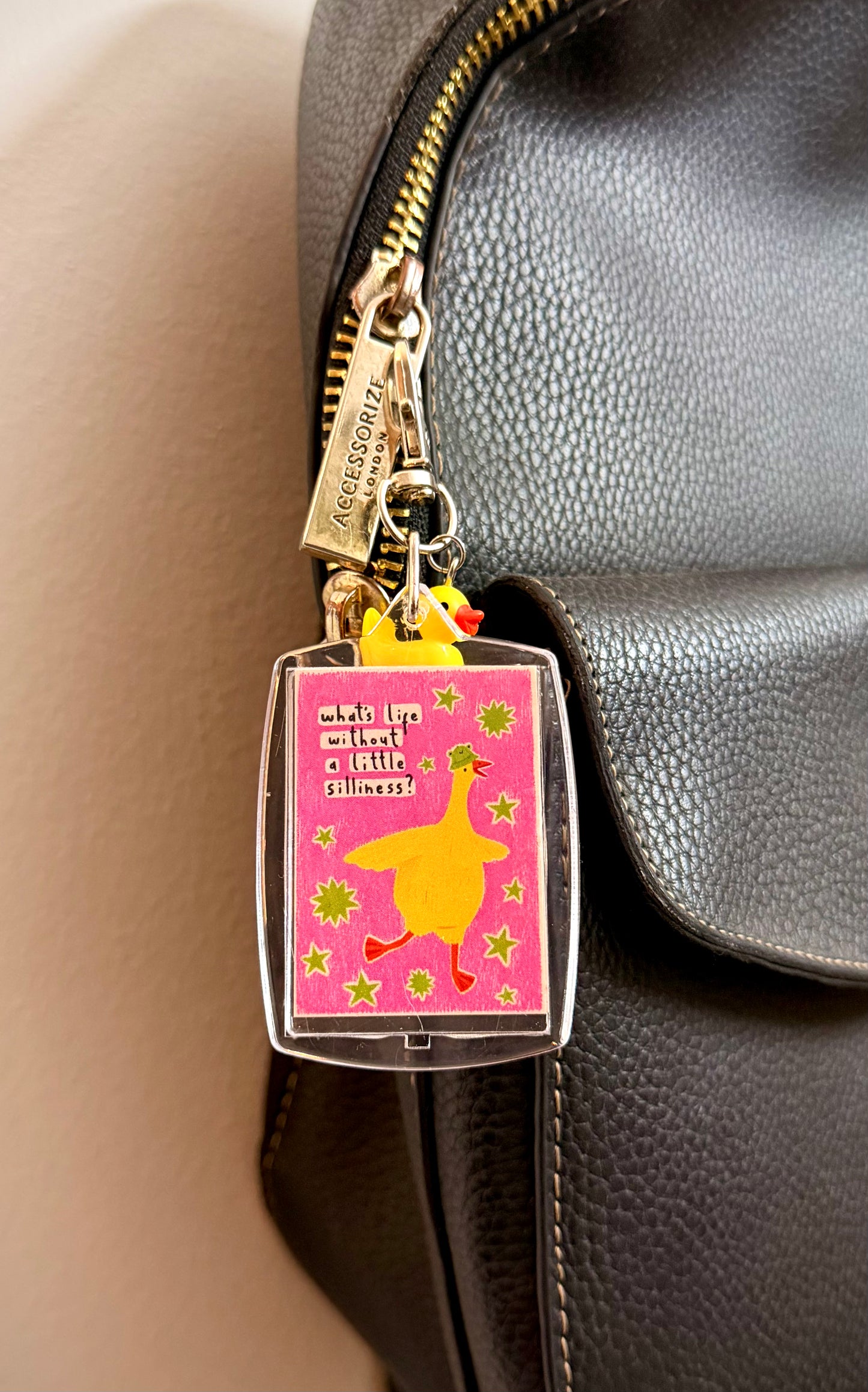 Lil Silly Duck Bag Charm, playful duck art panel with a mini rubber duck charm
