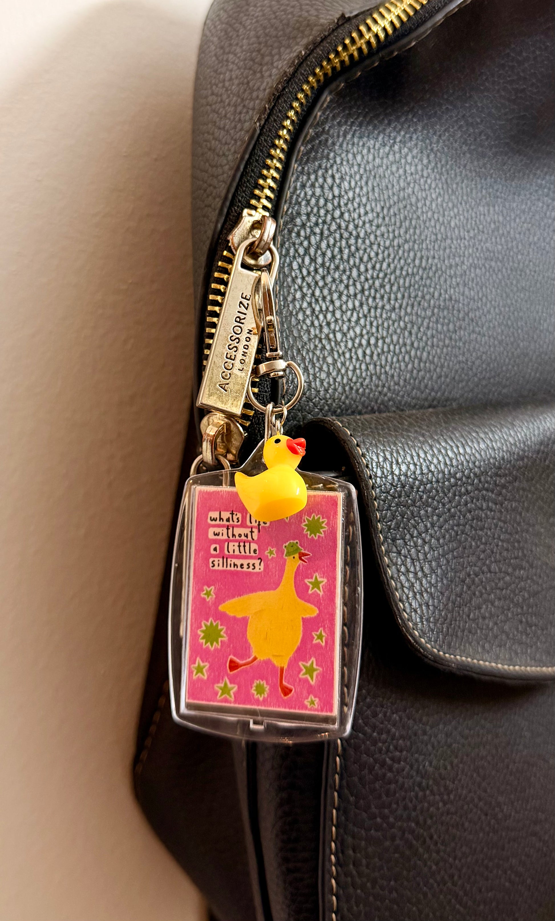 Lil Silly Duck Bag Charm, playful duck art panel with a mini rubber duck charm