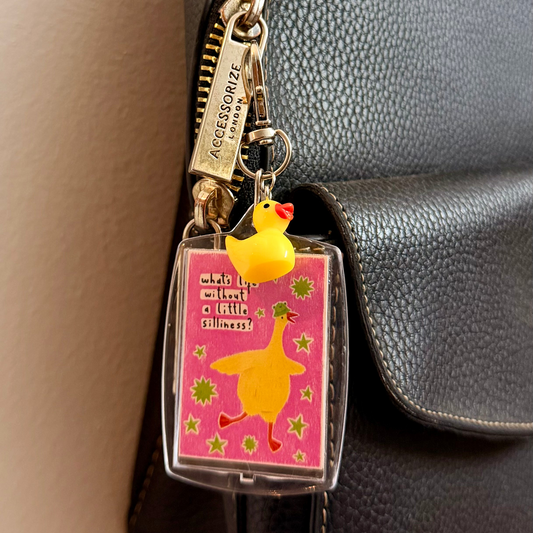 Lil Silly Duck Bag Charm, playful duck art panel with a mini rubber duck charm