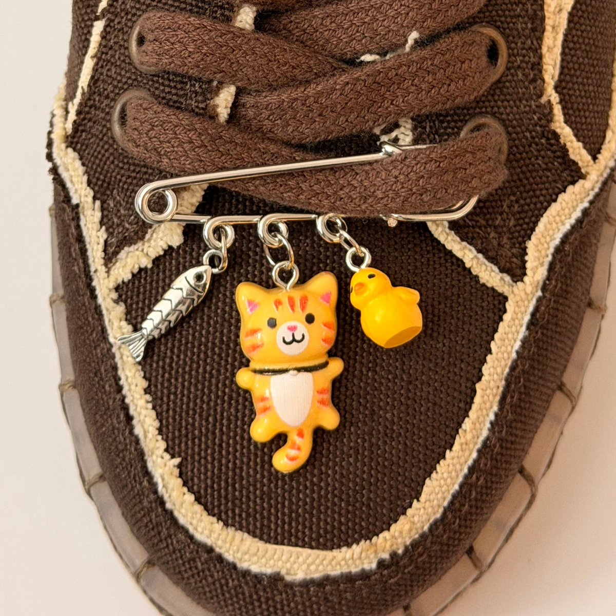 Orange Cat Charm, silver brooch pin with fish, orange tabby kitten and yellow chick charms