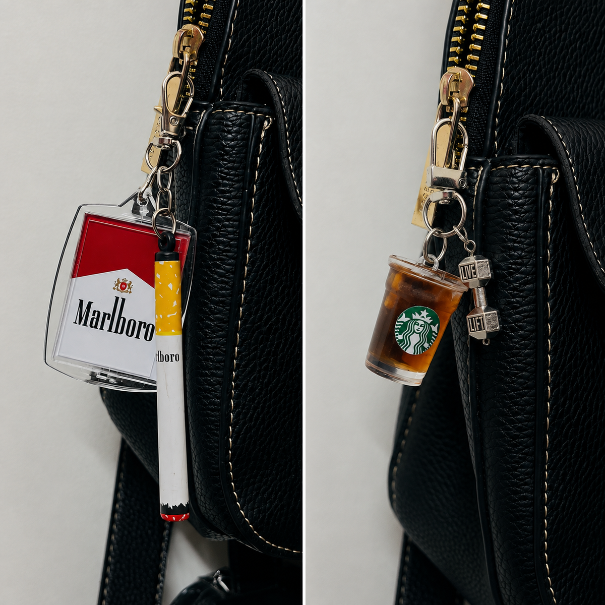 Pre-workout Combo, Marlboro cigarette pack charm with a Starbucks iced coffee and dumbbell charm