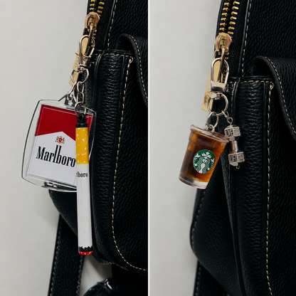 Pre-workout Combo, Marlboro cigarette pack charm with a Starbucks iced coffee and dumbbell charm