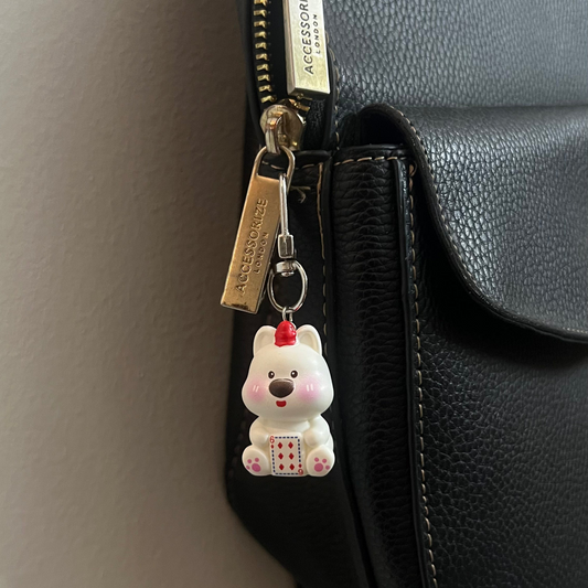 Poker Bear Bag Charm, cute bear charm holding a playing card