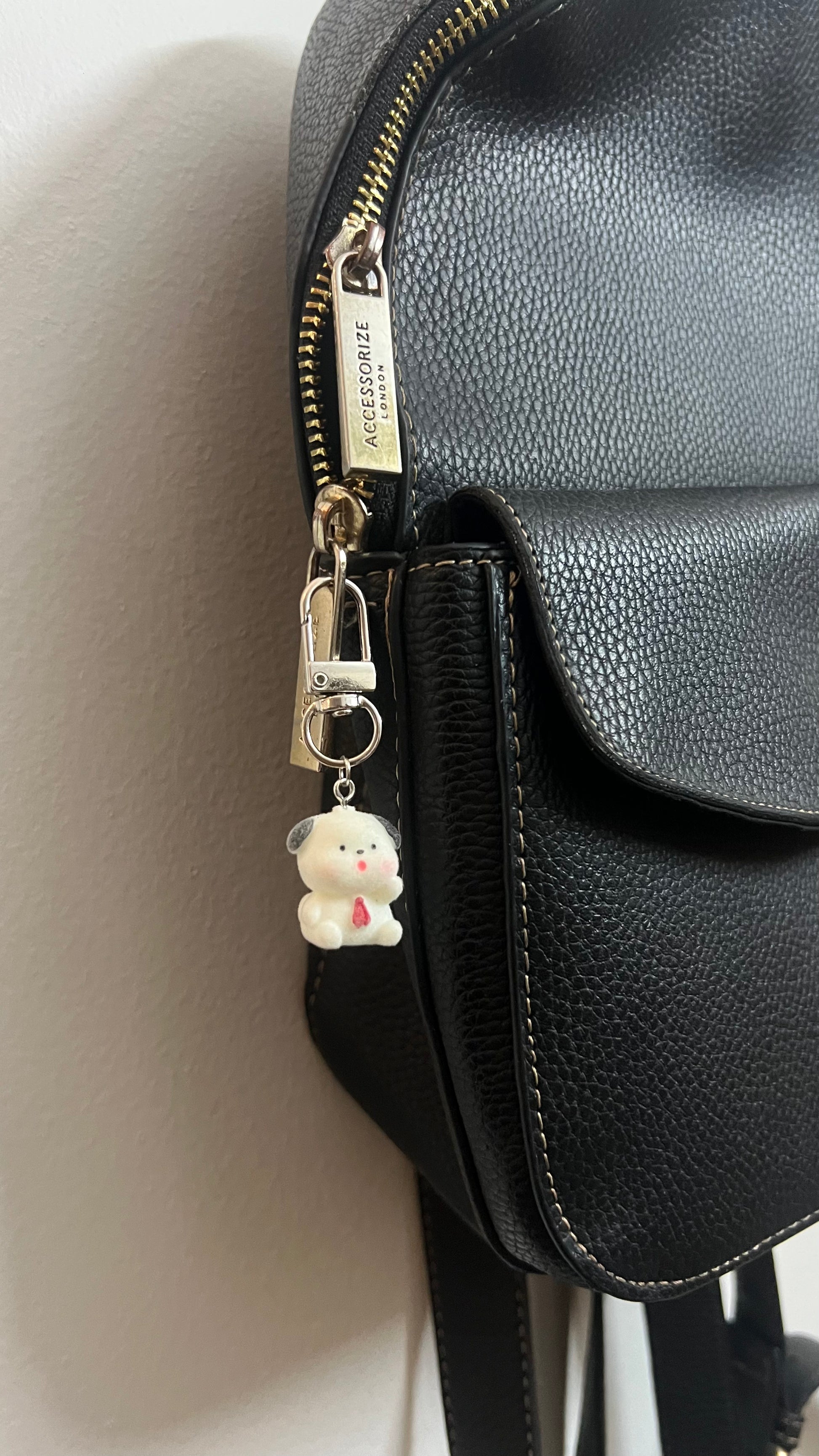 Furry Puppy with Bow Tie Bag Charm, white puppy figure charm with grey ears