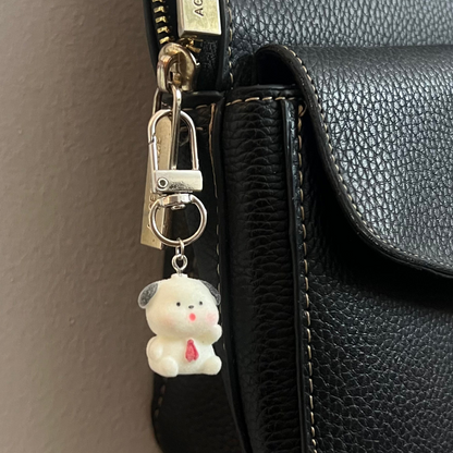 Furry Puppy with Bow Tie Bag Charm, white puppy figure charm with grey ears