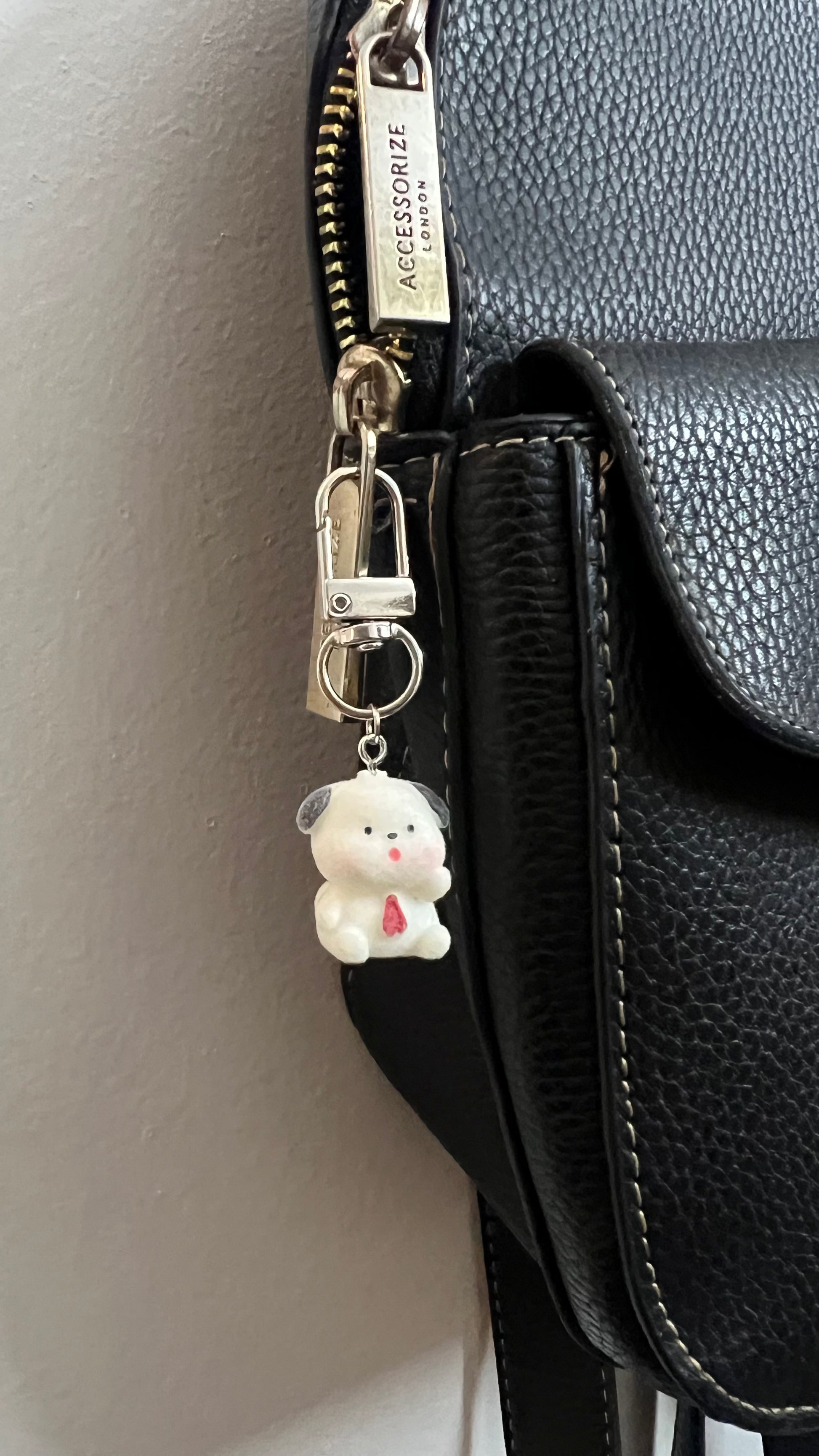Furry Puppy with Bow Tie Bag Charm, white puppy figure charm with grey ears