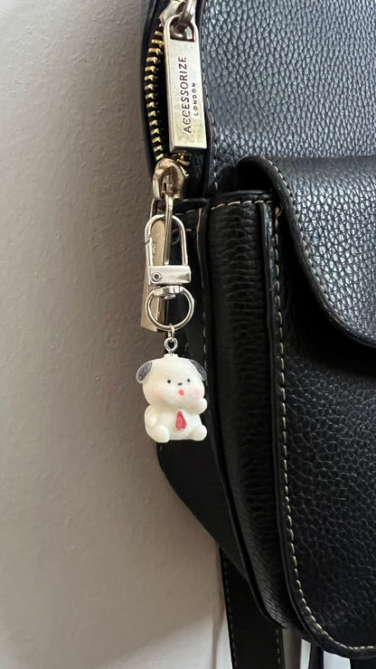 Furry Puppy with Bow Tie Bag Charm, white puppy figure charm with grey ears