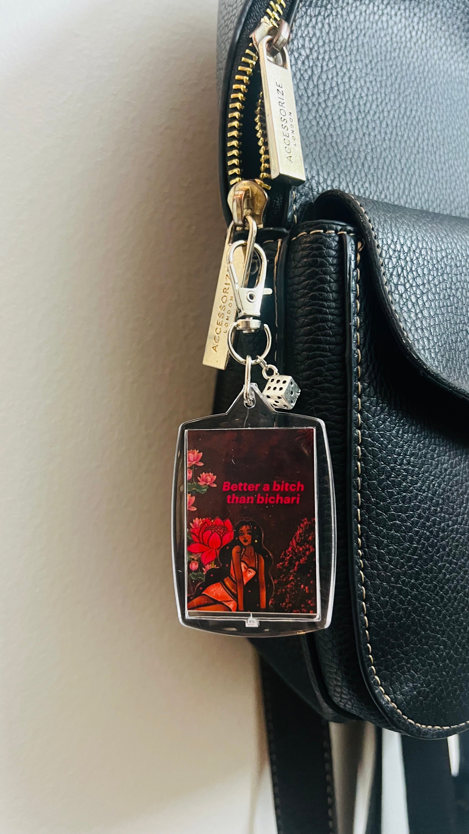 Rebel Kid Bag Charm, bold desi art panel bag charm with a dice charm