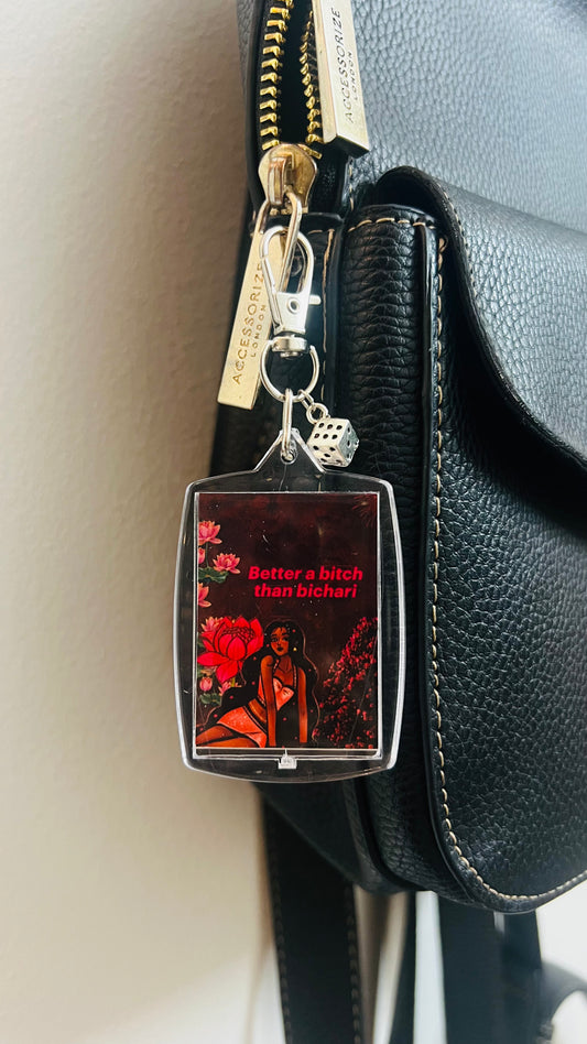 Rebel Kid Bag Charm, bold desi art panel bag charm with a dice charm