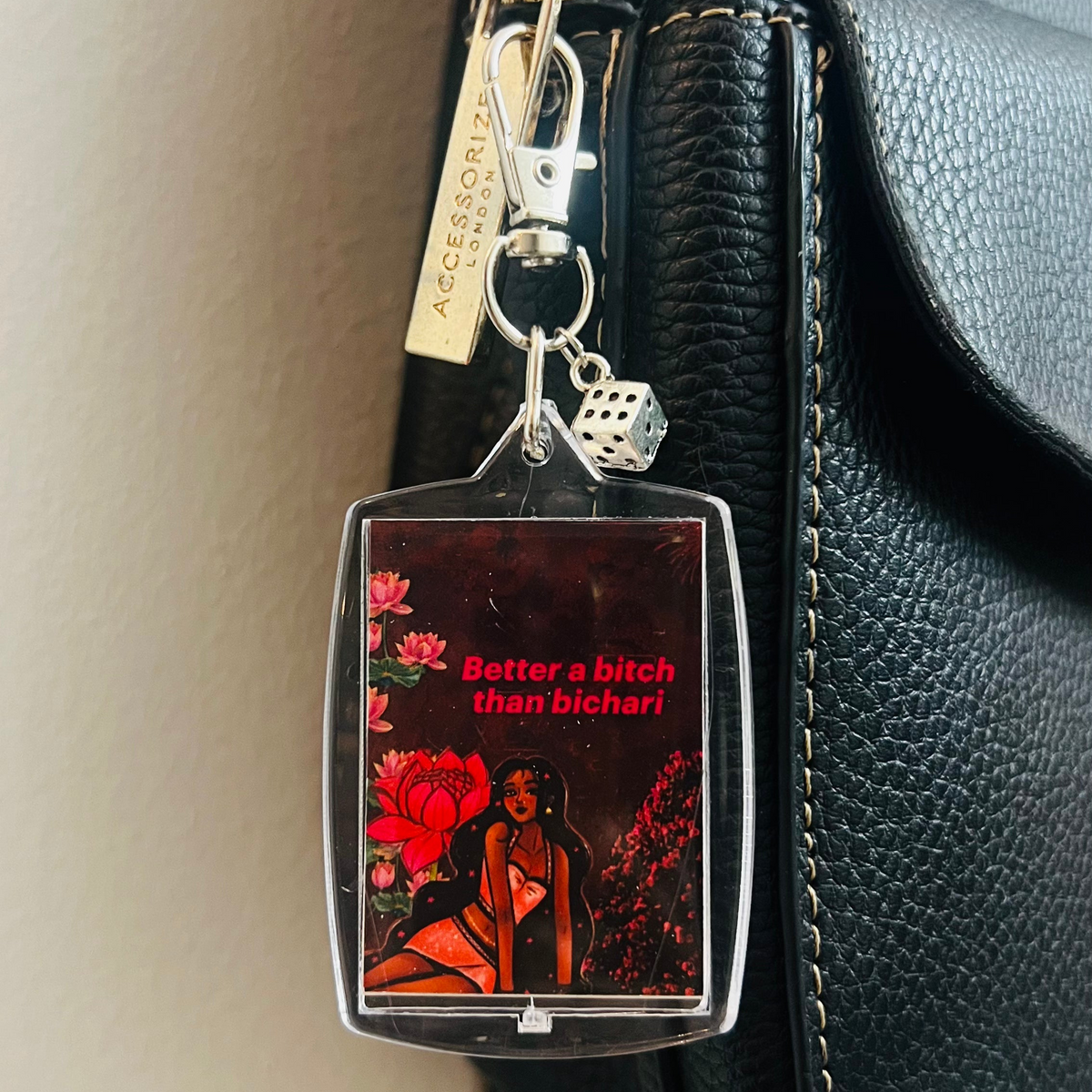 Rebel Kid Bag Charm, bold desi art panel bag charm with a dice charm