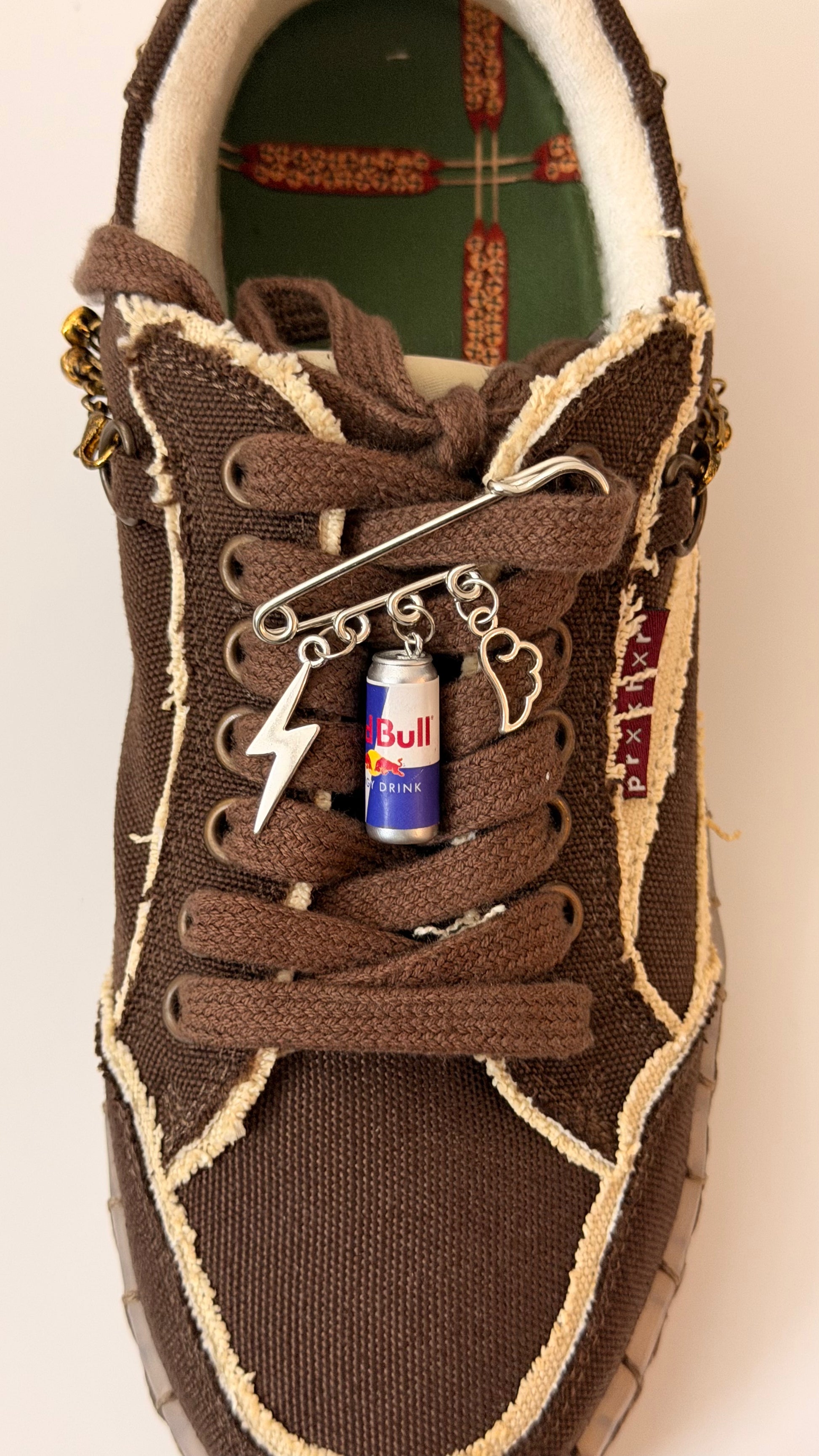 Red Bull Gives You Wings, silver brooch pin with lightning bolt, Red Bull can and angel wing charms