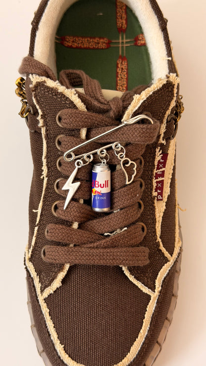 Red Bull Gives You Wings, silver brooch pin with lightning bolt, Red Bull can and angel wing charms