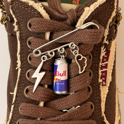 Red Bull Gives You Wings, silver brooch pin with lightning bolt, Red Bull can and angel wing charms