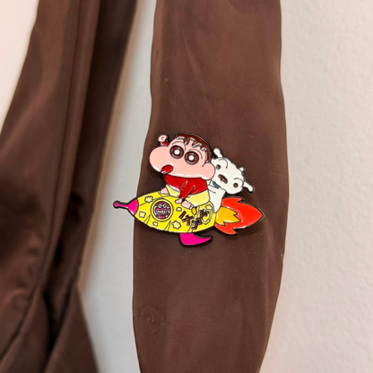 Shinchan in Space Enamel Pin, Shinchan riding a rocket with his dog Shiro