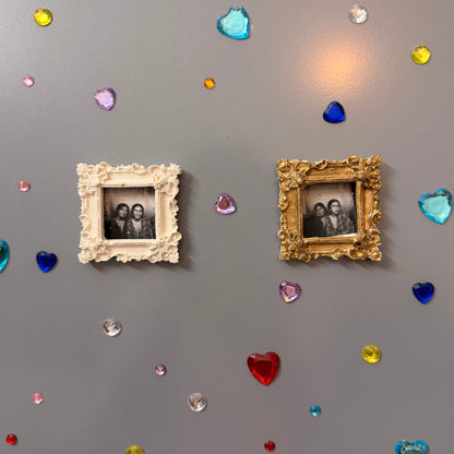 The Nostalgic Magnetic Frame, white and gold concrete square frames on a fridge door