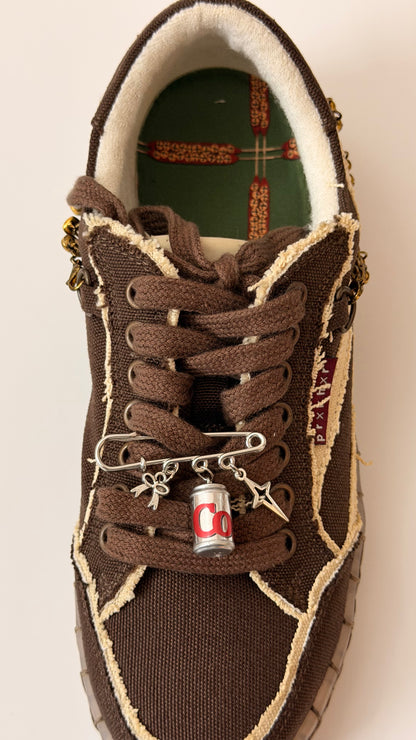 The Pop Charm, silver brooch pin with bow, Diet Coke can and star charms