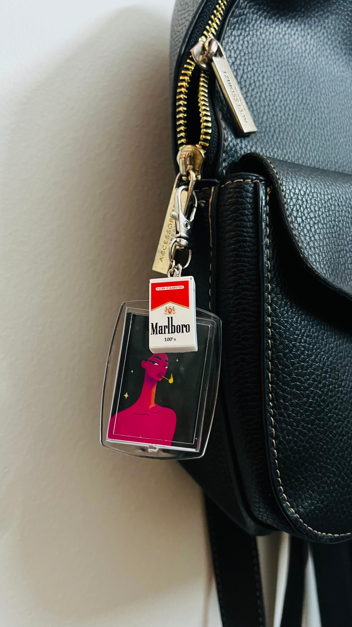 Too Hot to Handle Bag Charm, statement art panel bag charm with a mini pack charm