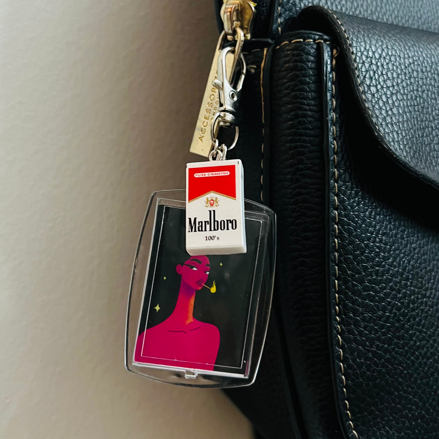 Too Hot to Handle Bag Charm, statement art panel bag charm with a mini pack charm