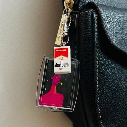 Too Hot to Handle Bag Charm, statement art panel bag charm with a mini pack charm