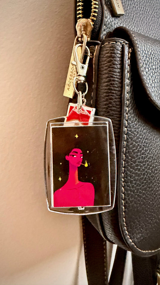 Too Hot to Handle Bag Charm, statement art panel bag charm with a mini pack charm