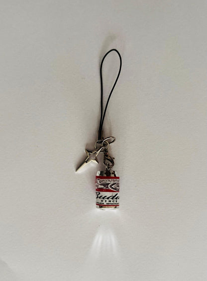 Budweiser mini can phone charm with white star pendant on a black strap