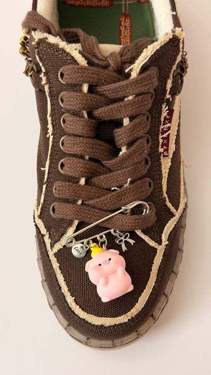 Oink Oink Charm, silver brooch pin with Love tag, pink piglet with a duck hat and bow charms