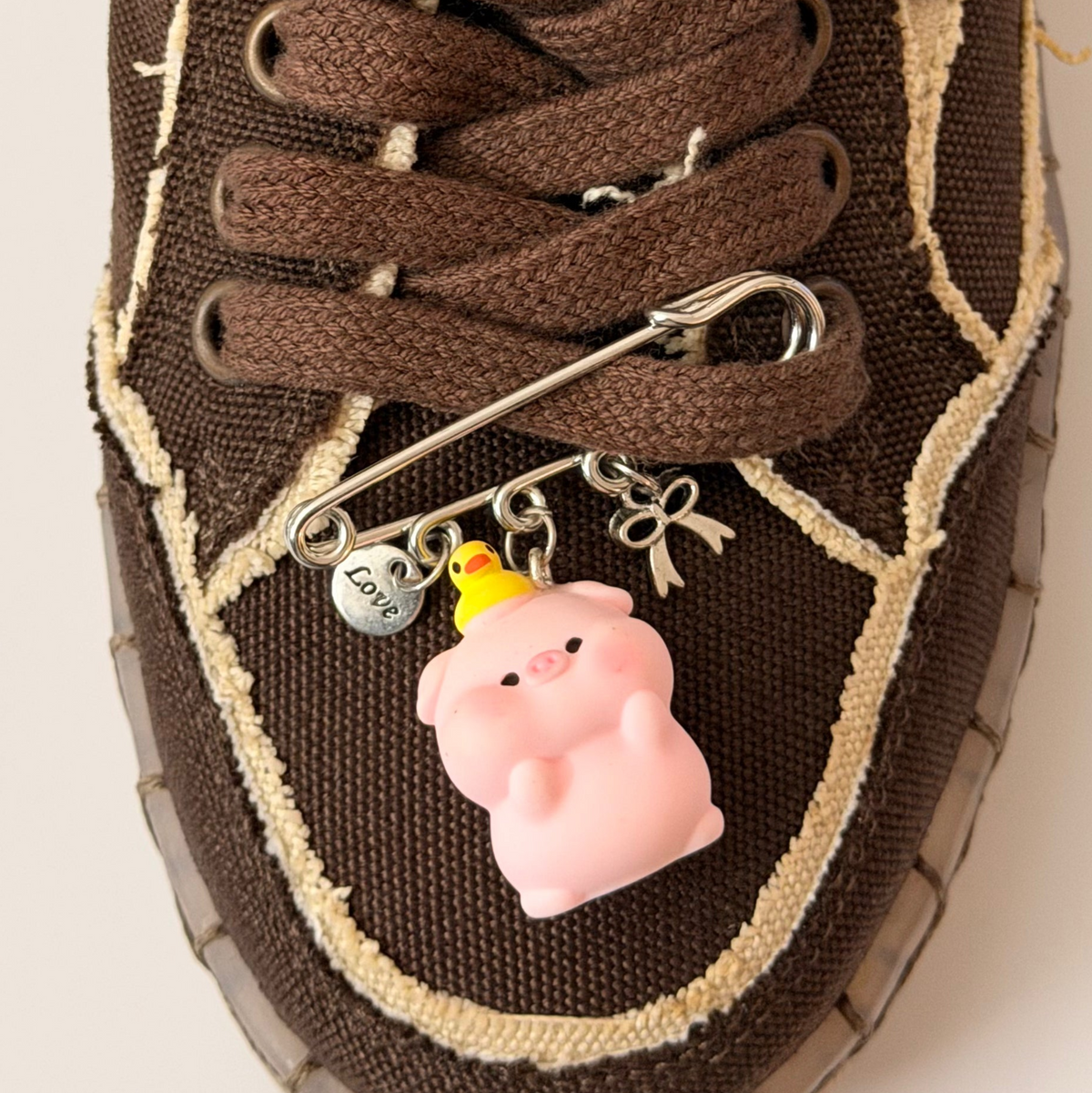 Oink Oink Charm, silver brooch pin with Love tag, pink piglet with a duck hat and bow charms